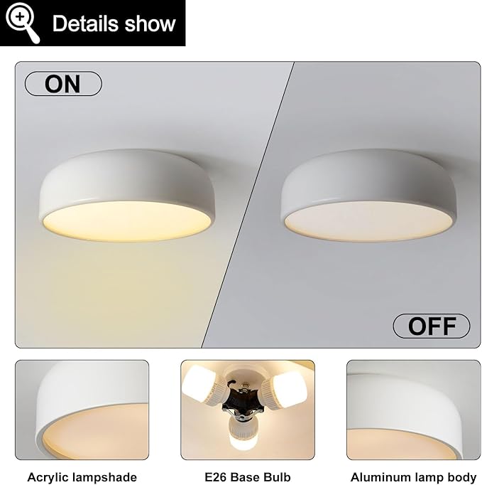 Modern White Flush Mount Ceiling Light Fixture, Minimalist 13.7 inch Metal Ceiling Lamp, Finish Close to Ceiling with Acrylic Lampshade Lighting Fixtures for Living Room Bedroom Hallway