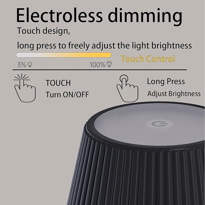 Outdoor Battery Operated Table Lamp Waterproof, Touch Dimmable Desk Lamp, Dimming Up, LED Night Light for Camping Restaurant Home, H10.8in, 5000mAh (Black)