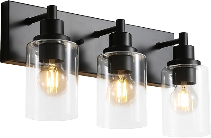 LOUSACE 3 Light Bathroom Vanity Light, Matte Black Bathroom Light Fixtures Over Mirror, Modern Bathroom Lighting with Clear Glass Shade, Black Farmhouse Wall Sconces Lighting Fixture for Bedroom
