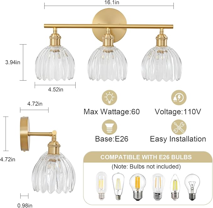Gold Bathroom Light Fixtures Over Mirror, 3 Light Bathroom Vanity Light Fixture with Tulip Transparent Glass Lampshade, Vintage Vanity Lights for Bathroom, Bathroom Vanity Lights Over Mirror