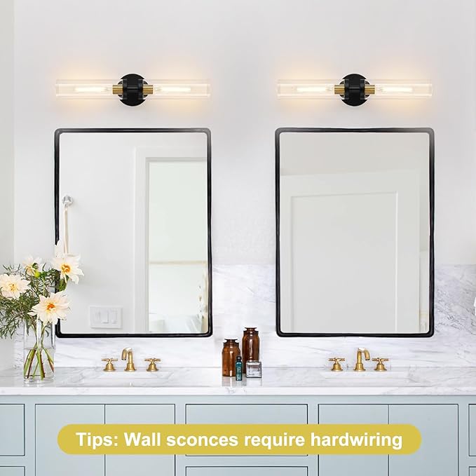 Indoi Wall Sconces Set of Two, 22" Black and Gold Bathroom Sconces with Clear Glass, Hardwired Modern Sconces Wall Decor Set of 2 Wall Light fixtures for Bathroom Mirror Living Room Hallway Bedroom