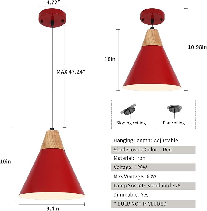 Red Pendant Light, 2 Packs 9.4inch Farmhouse Pendant Light, Kitchen Pendant Lights, Pendant Lights Kitchen Island for Living Room, Bar, Bedroom, Office