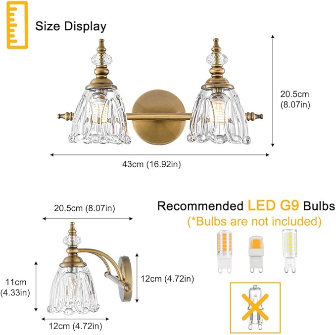 Brass Vanity Light, Vintage Brushed Gold Bathroom Light Fixtures, 2 Light Bathroom Vanity Lights, Flower Glass Shade Wall Sconce Lighting