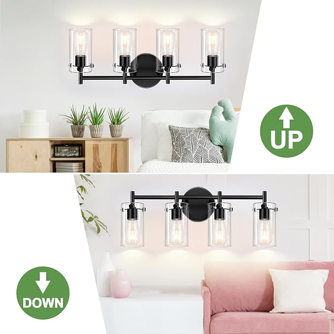 Indoi 4-Light Matte Black Bathroom Vanity Light Fixtures, Clear Glass Shade Wall Sconces for Mirror, Bedroom, Living Room, Hallway