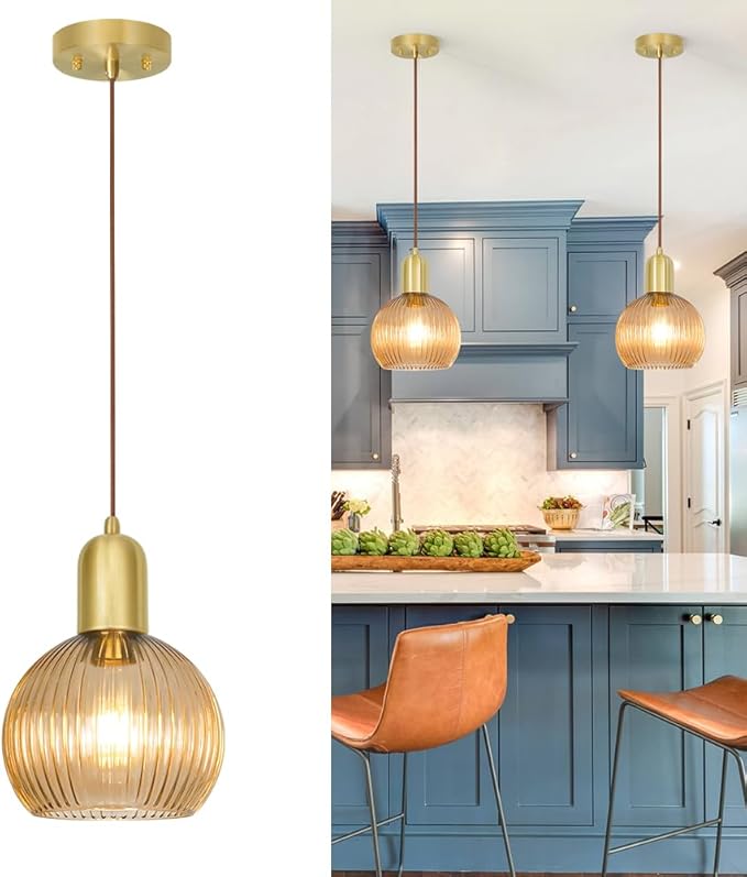 Gold Pendant Light, Modern Pendant Light Fixture with Amber Striped Glass Lmapshade, Brass Kitchen Island Light, Brushed Pendant Lights Kitchen Island Adjustable Hanging Light for Bathroom Dining Room