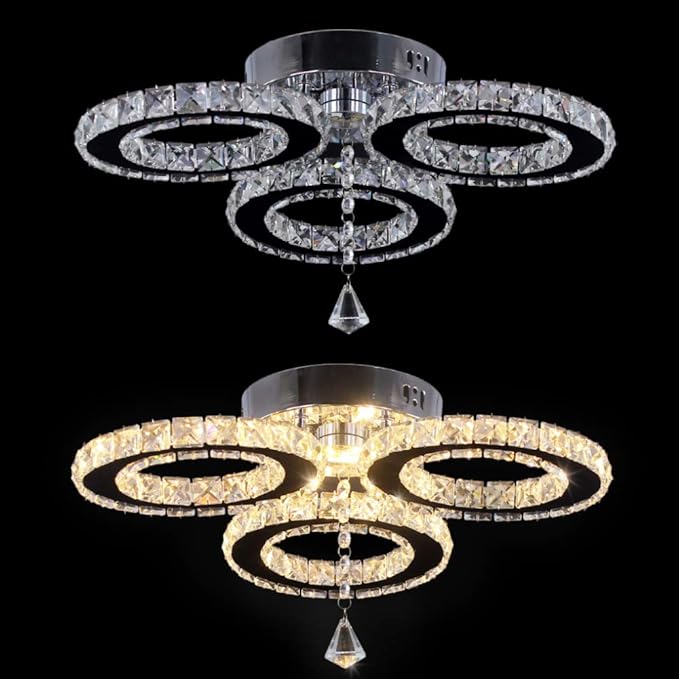 LED Crystal Pendant Ceiling Light 13x3.5 Inches 3 Rings Crystal Chandelier Flush Mount Lighting Fixture for Bedroom Hobby Living Room (Warm White)