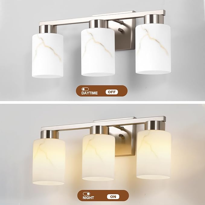 3-Light Bathroom Light Fixtures, Modern Vanity Lights, Brushed Nickel Metal Wall Lamp with White Marble Glass for Bathroom, Mirror, Living Room, Bedroom, Cabinet, Porch, Hallway, E26 Base