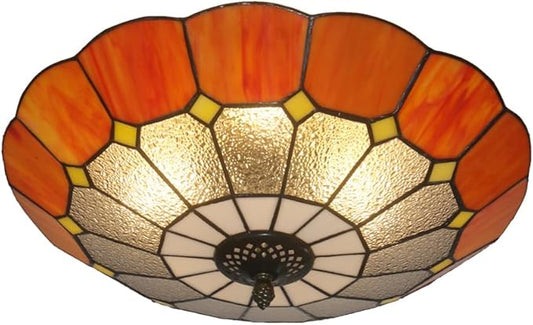 Tiffany Style Ceiling Light 16 Inch 3-Lights Vintage Pendent Stained Glass Flush Mount Ceiling Light Chandelier Lighting Fixtures for Bedroom Dining Room Living Room (Orange 16 Inch)