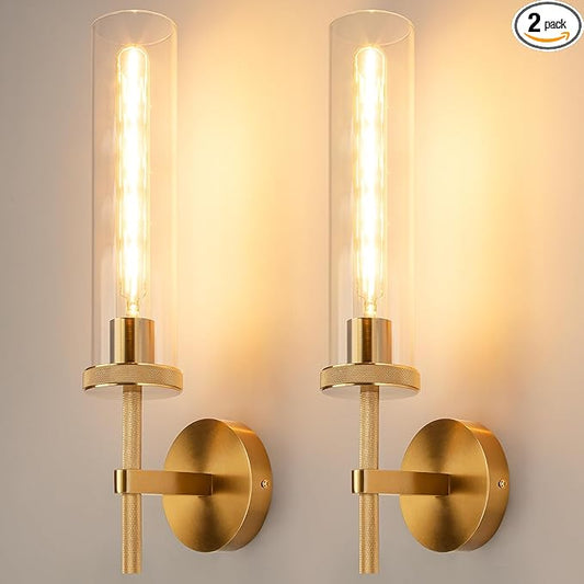 19.5" Knurled Gold Hardwired Wall Sconces Set of 2, Bathroom Vanity Light Fixtures with Clear Glass Tube, Modern Lamp Lighting for Bedroom, Living Room, Hallway, Staircase, Mirror, Kitchen