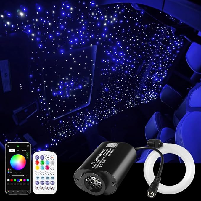 AMKI Mini 6W Starlight Headliner Kit 350pcs 0.03in 6.5ft,Twinkle+Sound Activated Fiber Optic Light 4Lamp Beam Starlight Box APP/Remote Control for Car Home Star Ceiling Decoration