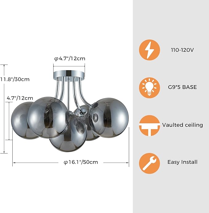 Silver Bubble Glass Chandelier 5-Light, Glass Sputnik Flush Mount Ceiling Light for Living Room, D16'' x H12'', G9*5 Sockets, Globe Bubble Light Chandelier with Grey Ball Smooth Shade