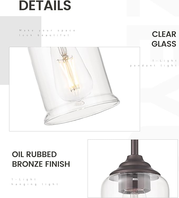 zeyu Farmhouse Pendant Light, 1-Light Pendant Light Fixtures for Kitchen Bedroom, Clear Glass Shade, Oil Rubbed Bronze Finish, ZSL104MIL ORB