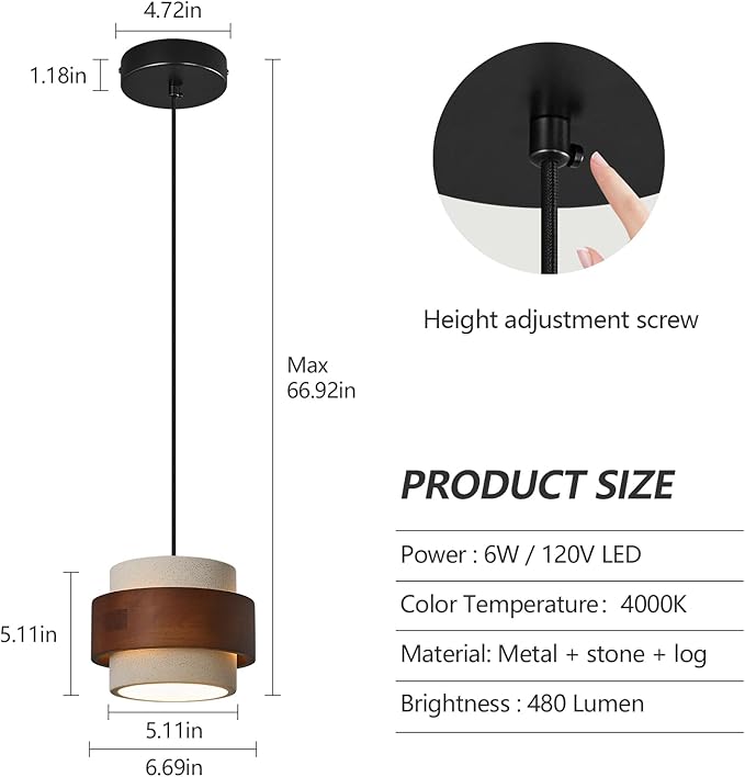 Modern Cement Pendant Light Fixture,Concrete Pendant Lights with Wood Accent,Vintage Farmhouse Chandelier for Kitchen Island Dining Room Living Room Bedroom Restaurant Cafe,(White 1-Pack)