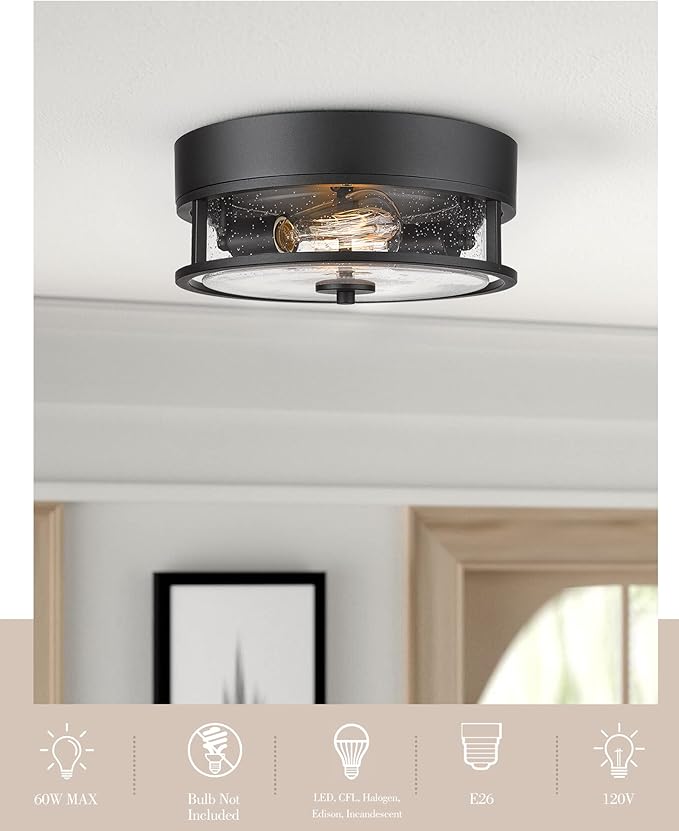 Black Flush Mount Ceiling Light, HWH Industrial Close to Ceiling Light Fixture with Seeded Glass Shade, 12'' Light Fixture Ceiling for Hallway, Farmhouse, Foyer, Laundry, Matte Black, 5HWY65F BK