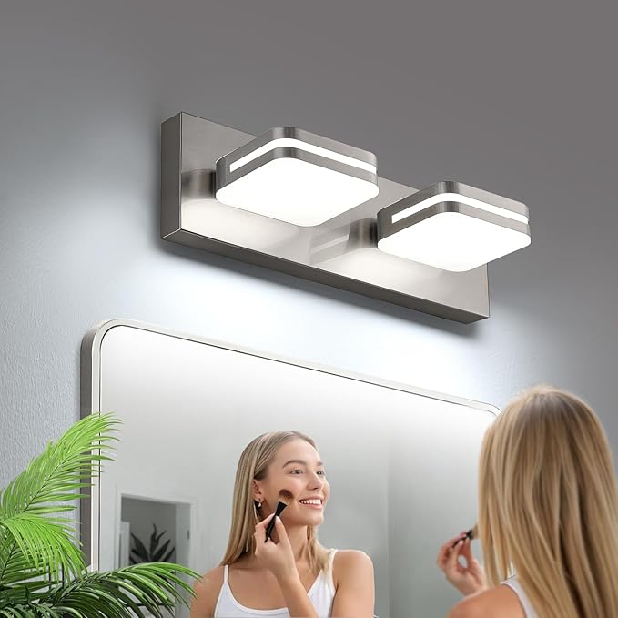 360° Rotate 2-Light LED Bathroom Vanity Light Fixtures, 900LM Acrylic Brushed Nickel Vanity Lights for Bathroom, Modern Wall Lighting Fixtures Over Mirror Kitchen Living (Natural White Light 5000K)