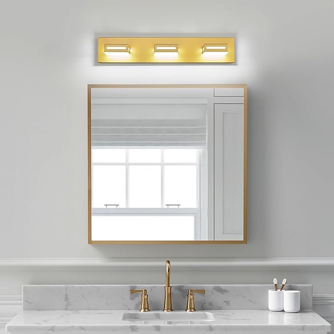 LED Modern Bathroom Light Fixtures, 3-Light 24-Inch Gold Vanity Lights for Bathroom Lighting Fixtures Over Mirror, 6000K Cool White 350° Rotatable Wall Lamp