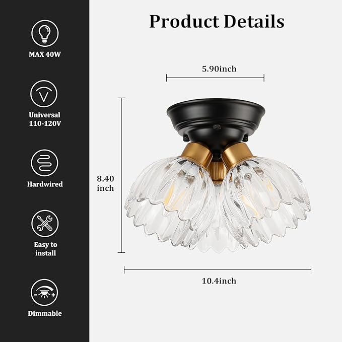TALOYA Semi Flush Mount Ceiling Light,3-Light Close to Ceiling Light Fixtures with Clear Tulip Glass Shades Modern Farmhouse Lighting Fixtures for Hallway Corridor Kitchen Bathroom Bedroom Passway