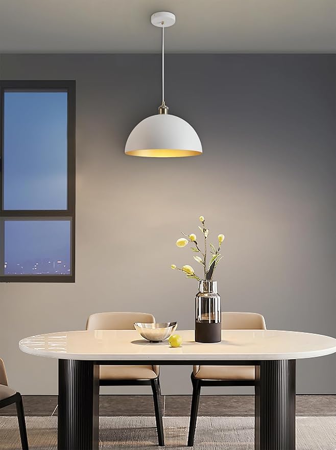 White and Gold Chandelier: 13.7 Inch Retro Farmhouse Style Dome Pendant Light for Kitchen Island, Bedroom, Dining Room, Living Room, and Corridor