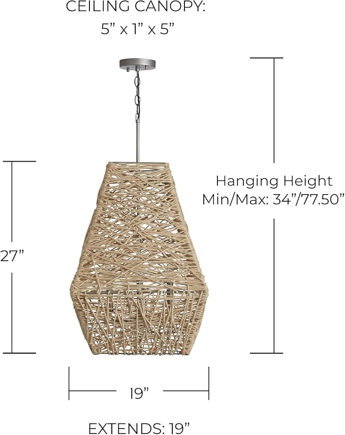 Capital Lighting 335241NY Finley Hand-Woven Natural Jute Pendant, 4-Light 240 Total Watts, 27" H x 19" W, Natural Jute/Grey