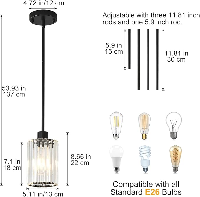 Crystal Pendant Lights Kitchen Island, 3 Pack Black Kitchen Pendant Lighting Over Island, 1-Light Mini Modern Hanging Lights for Kitchen Island, Dining Room, Hallway, Foyer, Entryways