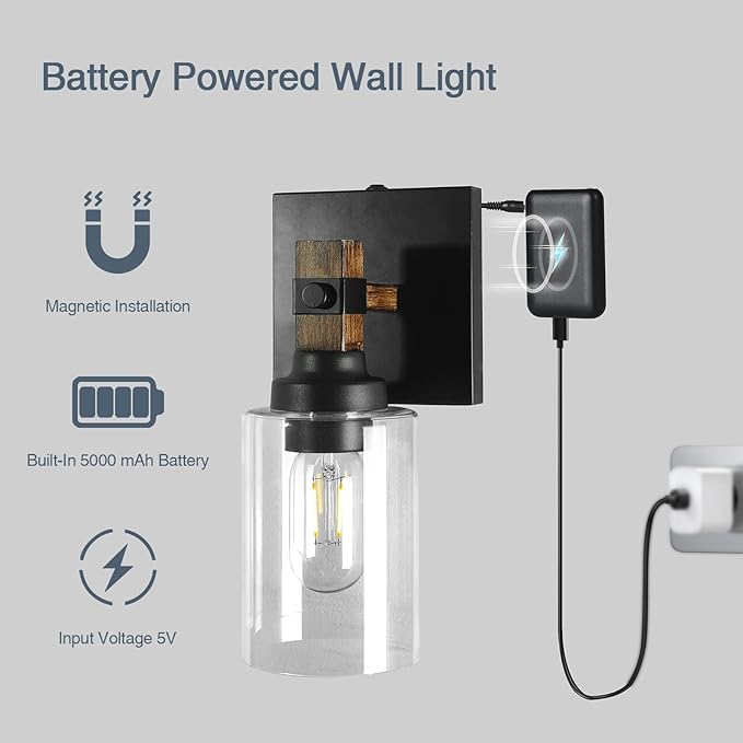 Battery Operated Wall Sconce 2-Pack Farmhouse Rechargeable Wall Lamp Set of Two No Wired Required, Easy Install Cordless for Bedroom Bathroom Livingroom