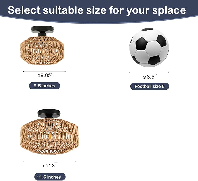 Mini Rattan Boho Ceiling Light Fixture, Small Woven Semi Flush Mount Ceiling Light, Wicker Light Fixture Hallway,Laundry Room, Closet,Nursery E26 1 Light