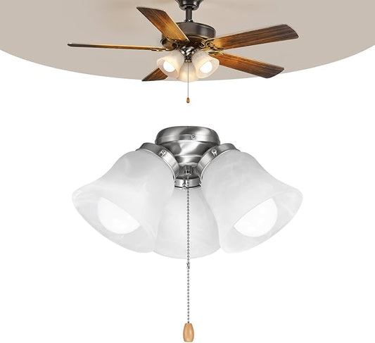 VEVOR Ceiling Fan Light Kit, Three-Light 3000K 750lm Fan Light Kit with Pull Chain, Replacement Fixture for Living Room, Bedroom, Dining Room, Home Decor, Cloud White Glass & Brushed Nickel Finish