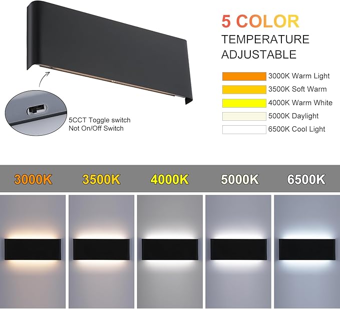 5 CCT (3000K-6500K) Adjustable Dimmable Wall Lamp 24W Modern Black LED vanity light Up and Down Wall Lighting 21.6 Inch Indoor Wall Sconce for Bedroom Staircase Hallway Dressing Table 2 Pack