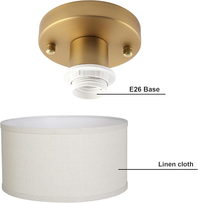 Yosoan Linen Indoor Hallway Ceiling Light Fixture, 1-Light Antique Brass Vanity Vintage Semi Flush Mount Light Retro Night Lamp for Bedroom Dinning Room Living Room Corridor Kitchen Entryway Passway