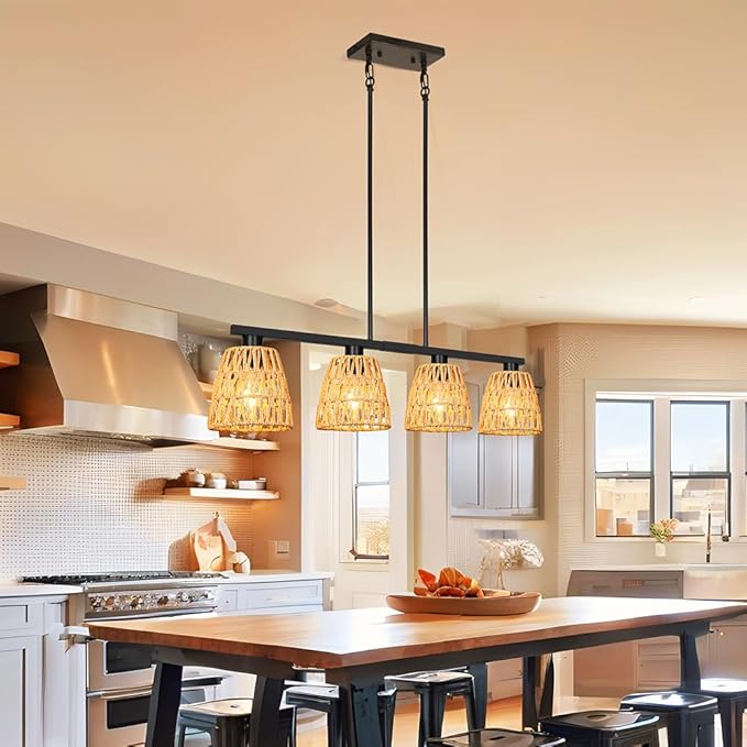 Black 4-Light Kitchen Island Lighting, Boho Rattan Dining Room Light Fixture, Farmhouse Island Light for Kitchen with Shade, Adjustable Linear Chandelier Pendant Lights Kitchen Island Over Bars, Table