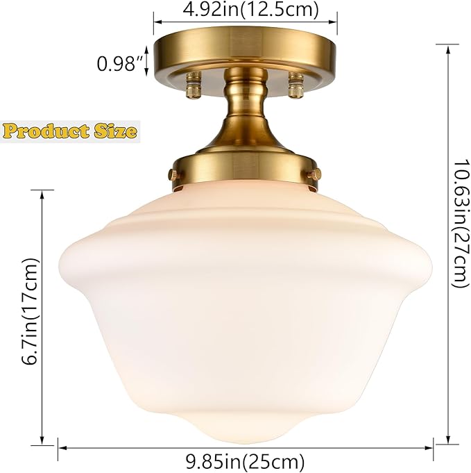 SAMTEEN Gold Semi Flush Mount Ceiling Light Modern Schoolhouse Ceiling Light Fixture Milk White Glass Flush Mount Light for Hallway Bedroom Kitchen Living Room, 10 Inches