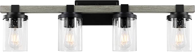 JONATHAN Y 32" Black/Gray Oak Wood Finish LED Vanity Light, Rustic Farmhouse Sconce, Clear Seeded Glass Shade, Industrial Wall Lamp for Bathroom Mirror, Kitchen Sink, LED Bulb (JYL7510B)