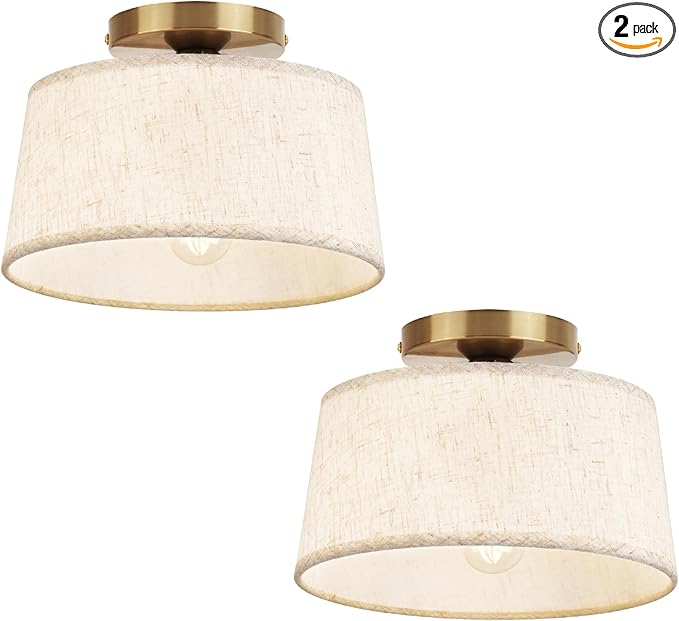 2P Modern Ceiling Light Fixture, 10 Inch Semi Flush Mount Lamp with Linen Shade, E26 Base, Gold for Kitchen Bedroom Hallway Closet Entryway Room Small Spaces, 2 Pack