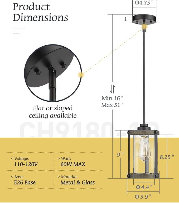 Farmhouse Pendant Light Fixtures, 1-Light Black Glass Pendant Lights for Kitchen Island, Industrial Rustic Mini Hanging Lighting with Rod, Wood Finish, Adjustable Length, OS-3014