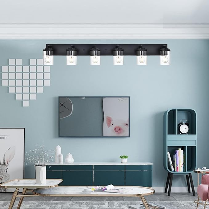 BONLICHT Black Vanity Light Glass Wall Sconce 6 Light Farmhouse Bathroom Light Fixture Over Mirror,Industrial Vintage Bath Lighting Interior Wall Lights Modern Wall Lamp for Dining Room Kitchen Office