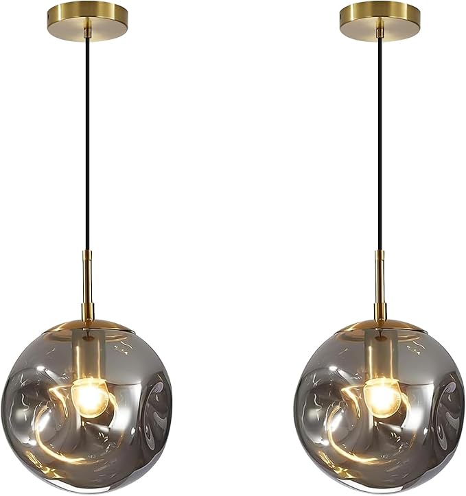 Modern Smoke Gray Concave Glass Pendant Light, 2-Pack Kitchen Island Lighting Single Globe Pendant Light Fixtures Century Kitchen Island Pendant Light for Bedroom Dining Room Light (Without Bulbs)