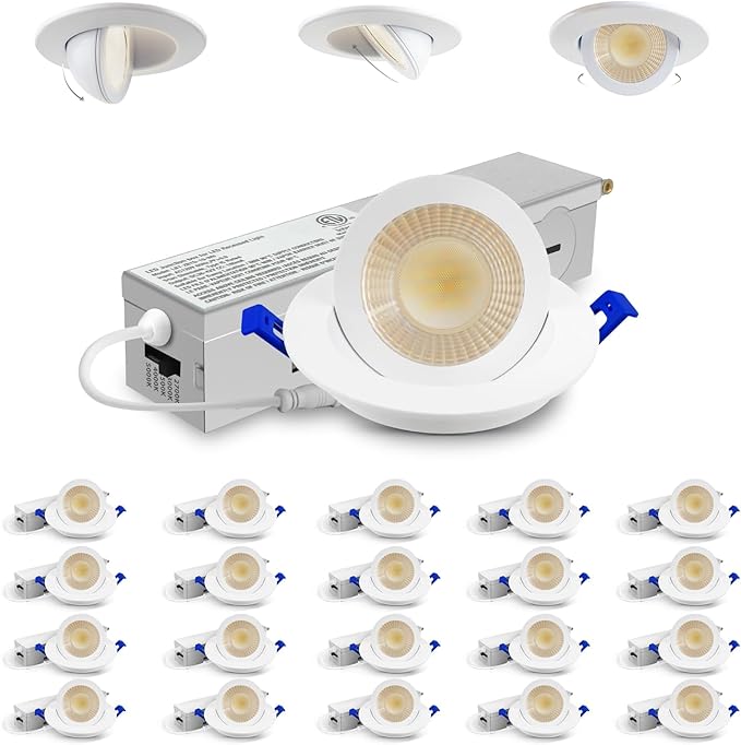Adetu 2 Inch 5CCT Gimbal Led Recessed Lighting with Junction Box, 360°+90° Adjustable Eyeball Canless Light, 2700K/3000K/3500K/4000K/5000K Selectable, 5W Eqv 50W, 550LM Brightness - ETL(White,24 Pack)