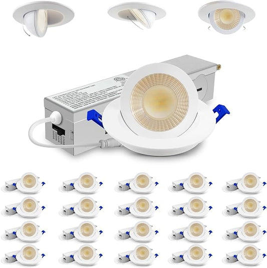 Adetu 2 Inch 5CCT Gimbal Led Recessed Lighting with Junction Box, 360°+90° Adjustable Eyeball Canless Light, 2700K/3000K/3500K/4000K/5000K Selectable, 5W Eqv 50W, 550LM Brightness - ETL(White,24 Pack)
