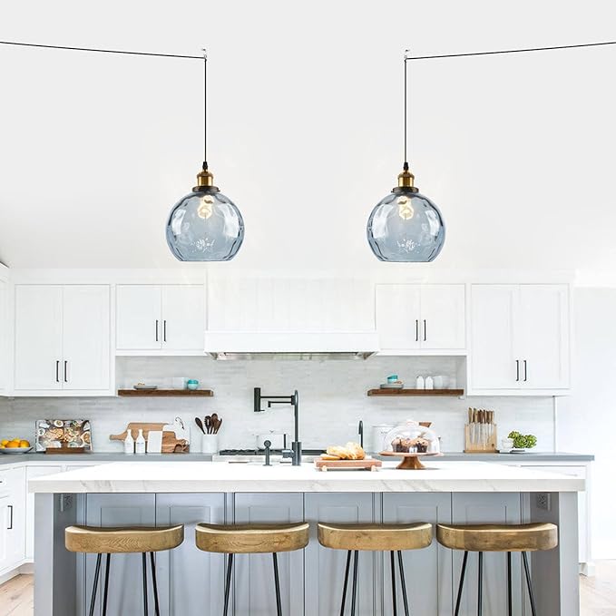 Blue Hanging Lamp Plug in 2 Pack, Hammered Glass Hanging Lights with 14.75Ft Plug in Cord, Globe Pendant Light Plug in Chandelier Ceiling Fixture for Dining Room Kitchen Bedroom