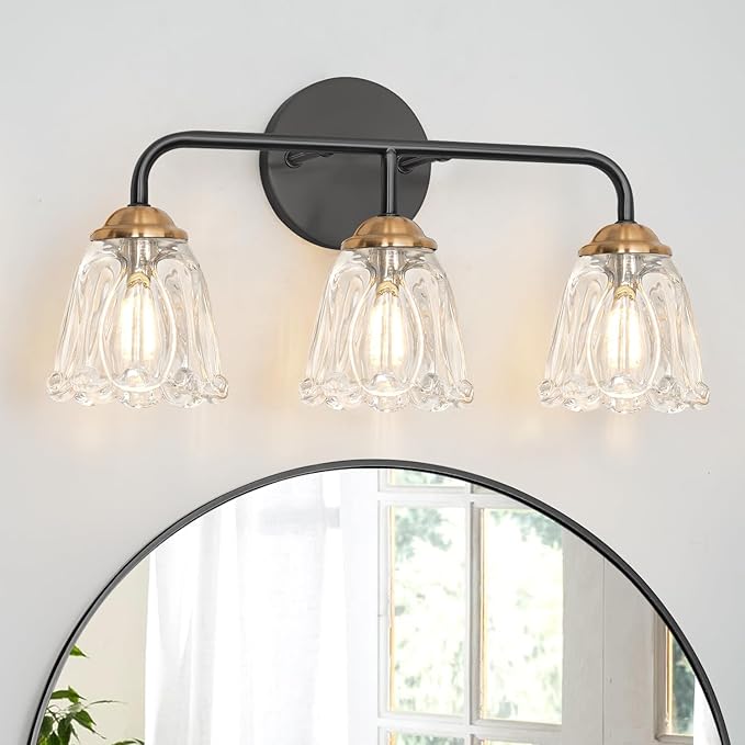 Daunton Vintage 3 Light Vanity Light, Black and Gold Bathroom Vanity Light, Bathroom Light Fixtures with Glass Shade, Antique Vanity Light Fixtures Over Mirror, Wall Sconce for Bedroom, Living Room