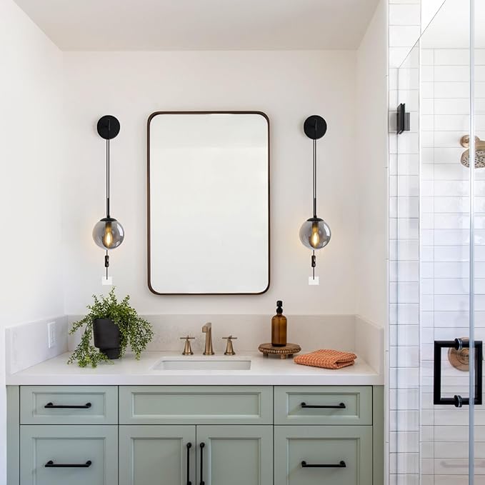 KUZZULL Wall Sconces Set of Two Matte Black Wall Lights for Bedroom Plug in Wall Sconces Set of 2 with Globe Smoke Grey Glass Shade Wall Lamp with Plug in Cord Sconces Wall Decor Set of 2 with Switch
