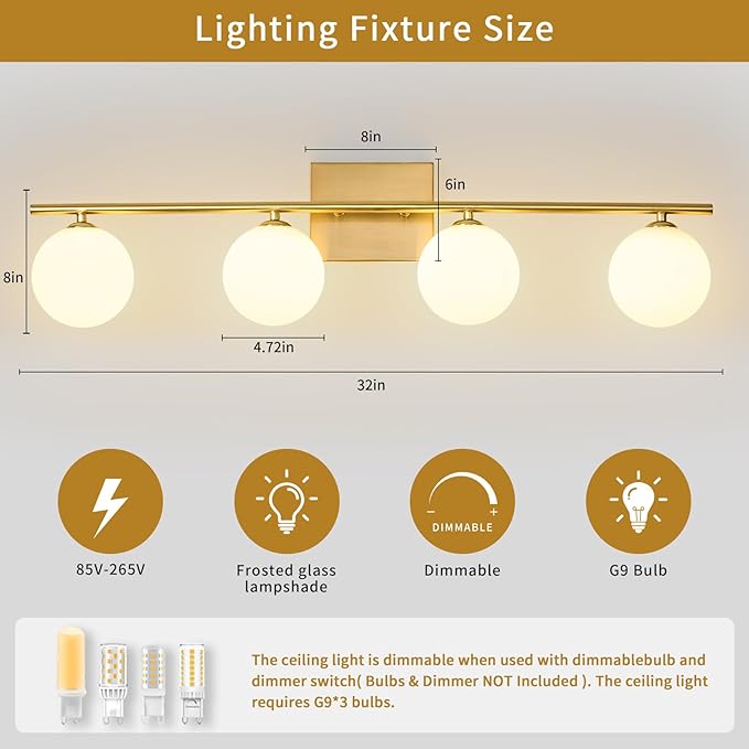 4-Light Bathroom Light Fixtures, 32" Modern Brushed Gold Vanity Lights with Milk Glass Shade, Bathroom Wall Lamp for Mirror Kitchen Living Room Hallway (G9 Bulb)