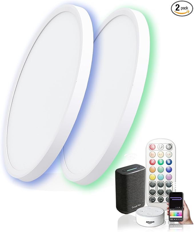 RGB Led Ceiling Light 12 Inch - RGB Rear Color, Flush Mount Ceiling Light for Bedroom Living Room,White, 2-Pack