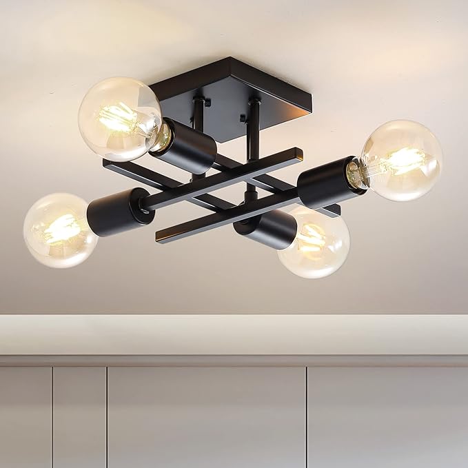 Industrial 4-Light Semi Flush Mount Ceiling Light Fixture, 3 Pack Modern Black Chandelier Lighting, Farmhouse Sputnik Ceiling Lamp, E26 Base Pendant Lamps