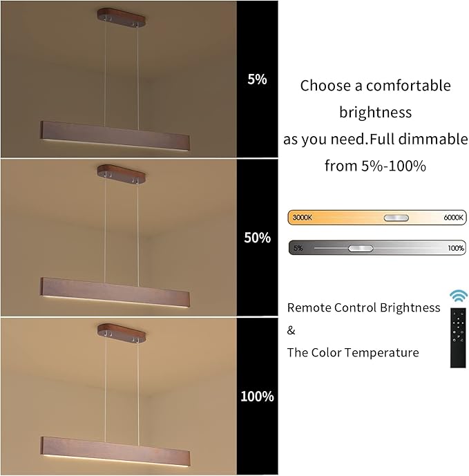 YISDESIGN 39.4" Wood Linear Pendant Light 24w Led Dimmable Dining Room Light Wood Kitchen Island Pendant Hanging Light for Kitchen Island Office Lights Walnut Color