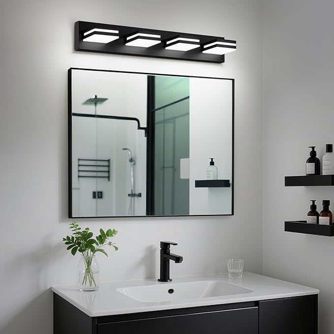 Modern LED Bathroom Lights Fixtures 4-Light,Metal Black Acrylic Wall Lighting,Vanity Lights for Bathroom Over Mirror 6000k 27in