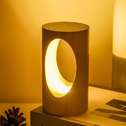 WLHONG LED Night Light, Wood Small Lamp 3000K Dimmable, Cylinder Bedside Lamps for Bedroom, Portable Desk Lights for Home Dorm Office Ambient Lighting, Unique Home Decor Housewarming Gift