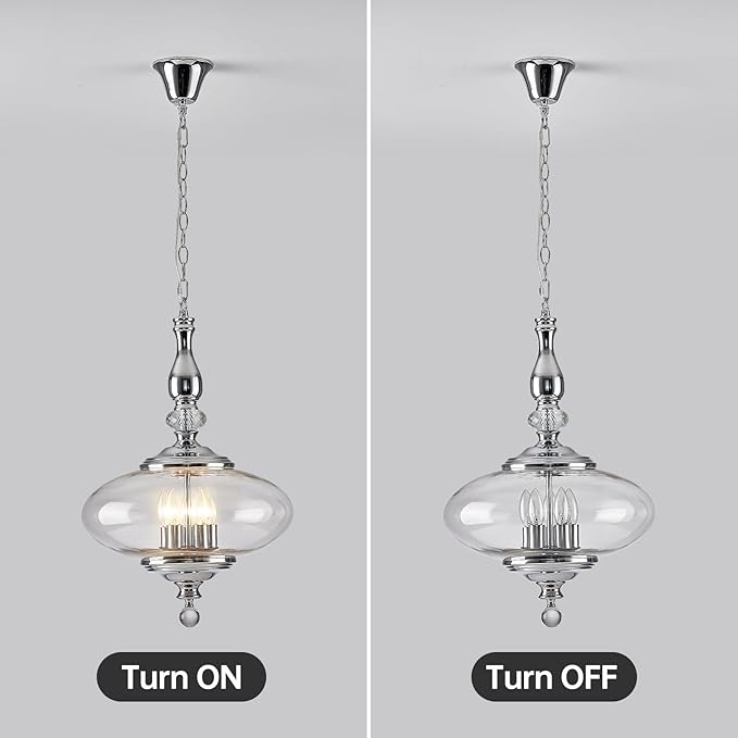 5 Light Chrome Chandelier Modern Glass Large Pendant Light H 27.5" x W 15.7" for Kitchen Island, Dining Room.E12 Bulb