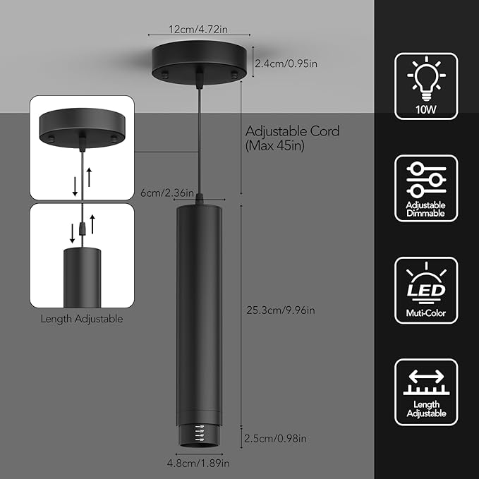 Remote Control LED Pendant Lights with Adjustable Cord, Dimmable Hanging Pendant Lighting Fixtures for Kitchen Island Over Table, Zoomable 2700K-6000K, CRI97+ 10W 1000LM, Black (3 Pack)