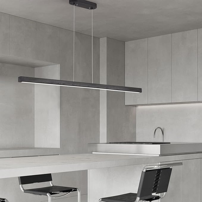 YISDESIGN 47" Black Linear Pendant Light Wooden Led Linear Pendant Light Fixtures Ceiling Hanging Dimmable Pendant Lights for Dining Room Kitchen Island Pool Table Lights Black Wood Finish